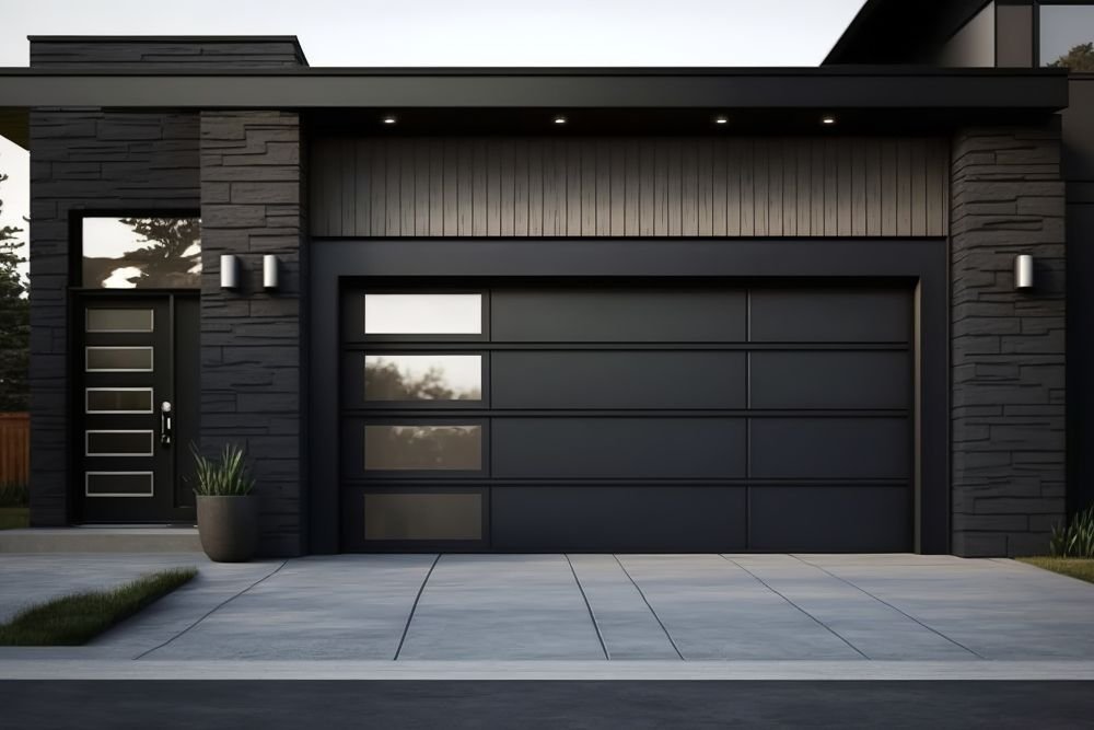 Traditional residential garage door and driveway
