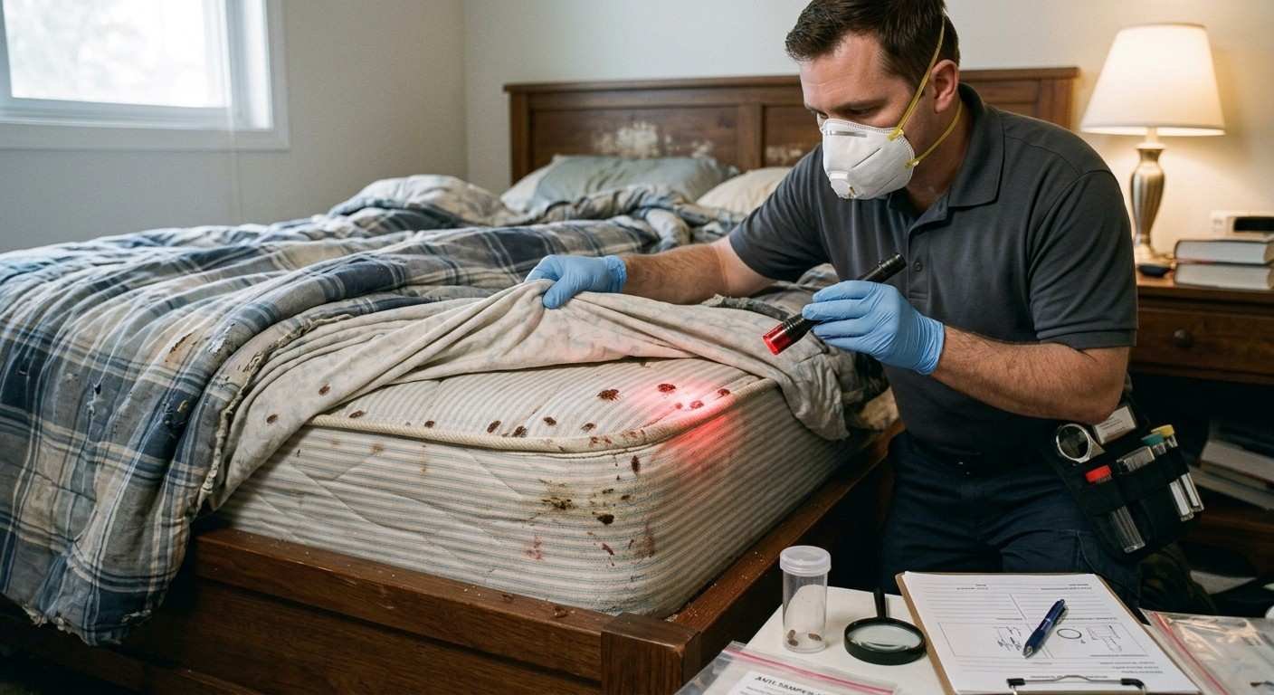 Bed bug inspection with flashlight in an Orange Park FL bedroom