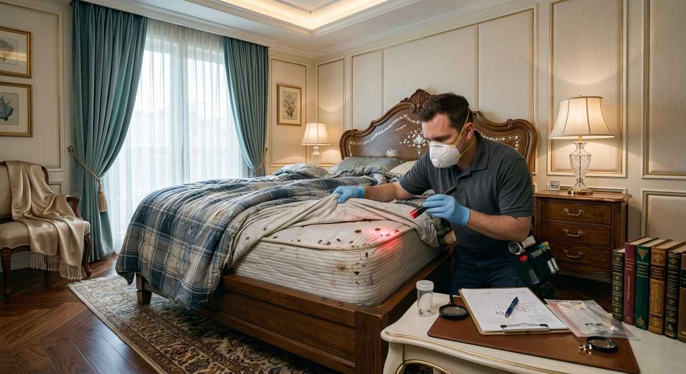 Detailed bed bug inspection with flashlight in Jacksonville FL bedroom